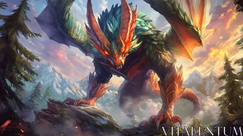 Winged dragon stands on rocky outcrop in alpine valley