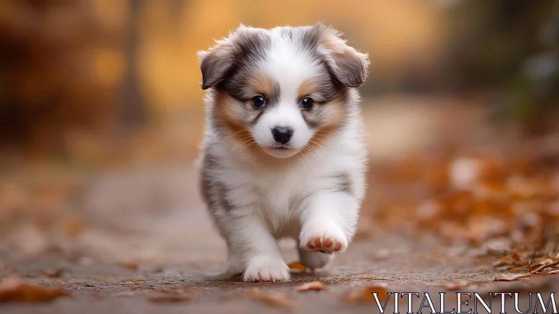 Shallow-depth portrait of fluffy tricolor puppy in autumn bokeh.