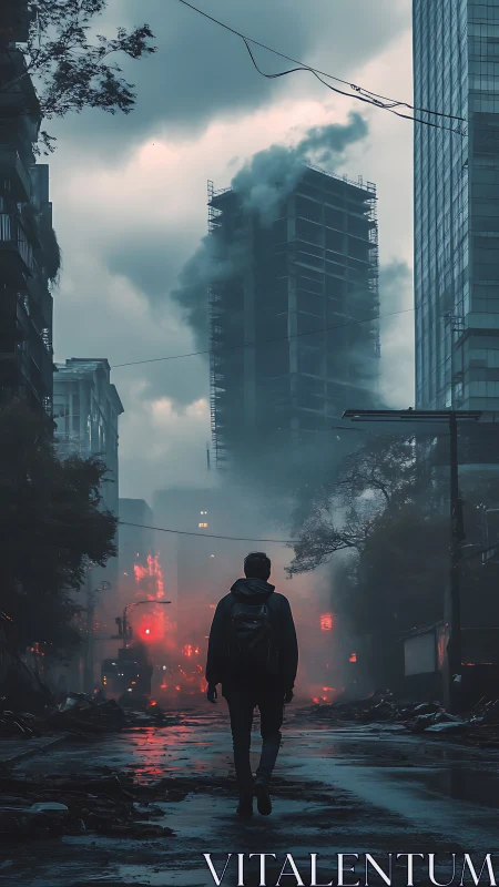 Lone figure advances through smoked-out cyber-urban ruin