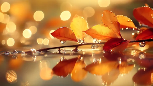 Golden autumn leaves cradling dew over liquid sunlight.