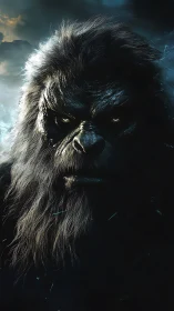 Stormlit guardian gorilla meets your gaze with fierce calm