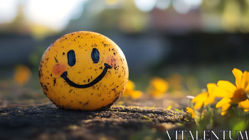Yellow smiley ball resting on ground with flowers around.