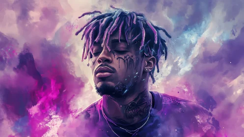 Digital portrait of tattooed man in vivid purple clouds.