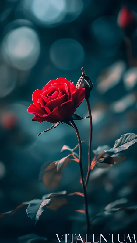 Scarlet rose stands in dreamy teal-tinted bokeh glow.