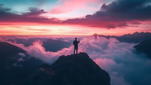 Silhouette hiker overlooks neon pink clouds at sunrise.