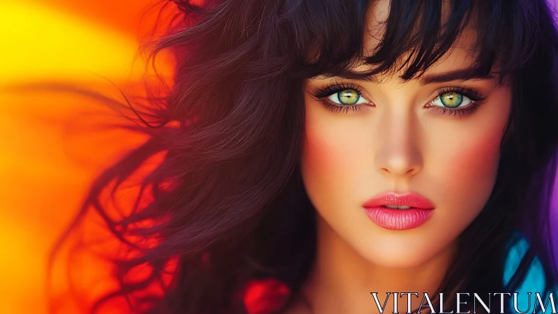 Vivid portrait highlights emerald eyes and neon spectrum glow.