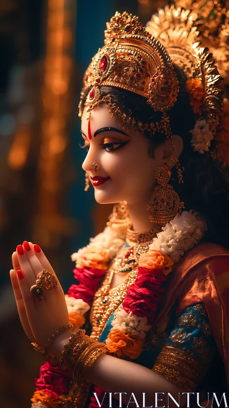 Golden goddess in marigold garlands and candlelit devotion.