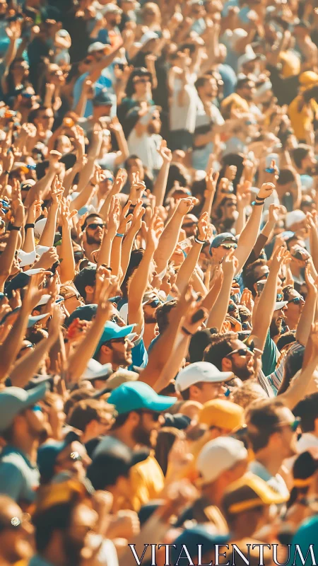 Sunlit crowd surges upward in a sea of jubilant hands