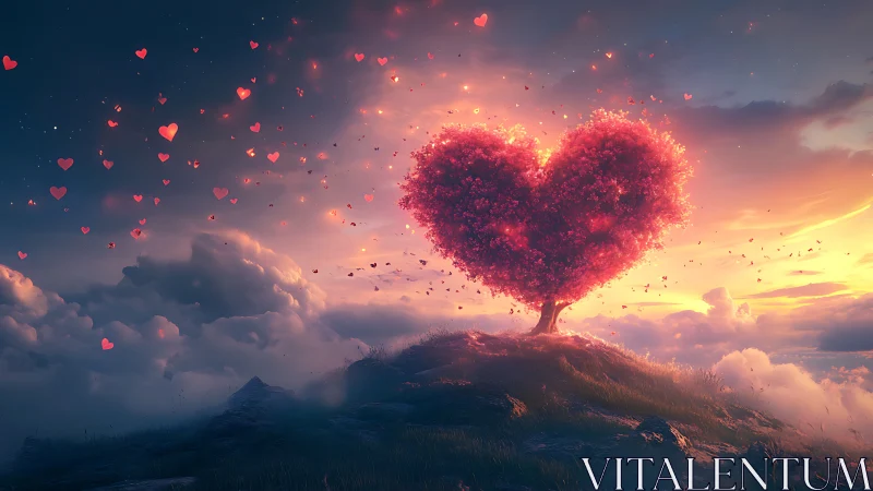 Heart-shaped tree glowing against clouded landscape at sunset.