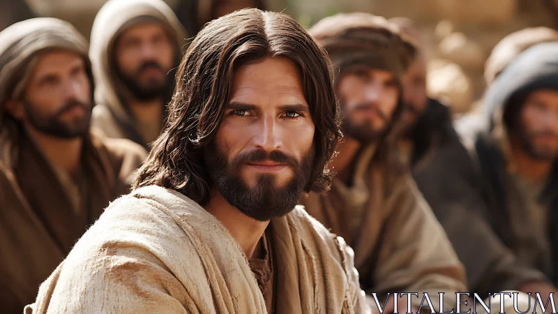 Bearded robed teacher in soft desert light, disciples blurred.