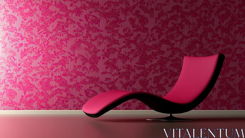 Curved pink lounge chair against patterned magenta wall.