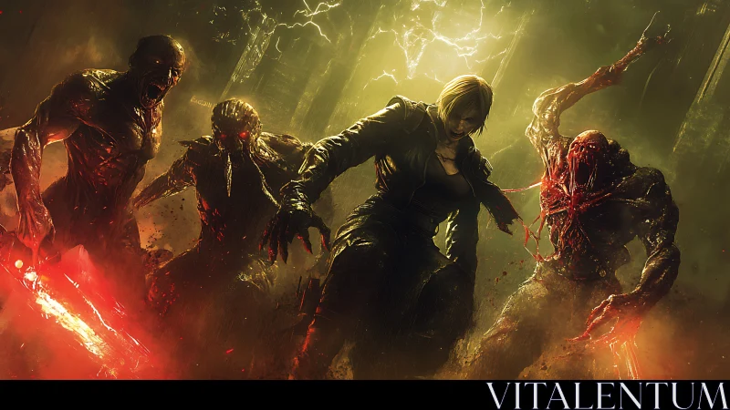 Cinematic digital painting of warrior versus infernal mutants.