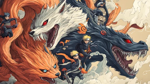 Elemental shinobi with summoned beasts in dynamic vector chaos.