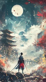 Lone swordsman under full moon in misty mountain temple.