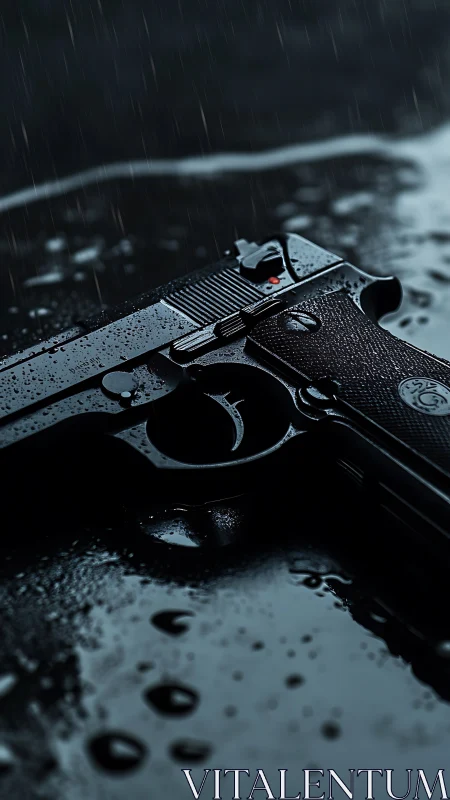 Photorealistic pistol macro on wet reflective surface in rain.