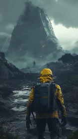 Rain-soaked explorer approaches monolithic sci-fi structure under storm