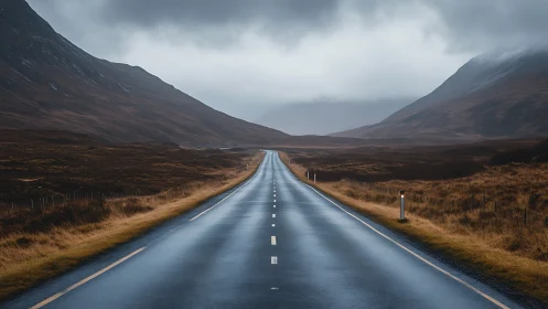 Wet rural highway through overcast mountain valley landscape.