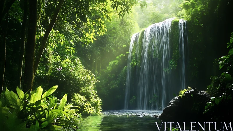 Sunlit jungle waterfall pours into a tranquil emerald pool