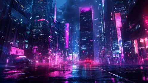 Neon-soaked cyberpunk avenue renders reflective nocturnal depth