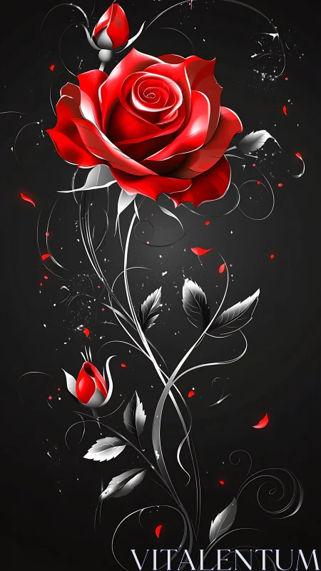 Scarlet Rose Blooms Against Obsidian Depths With Ethereal Grace