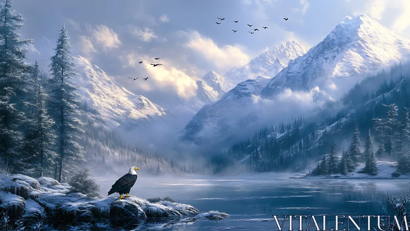 Bald eagle on icy lakeshore below misted alpine snow peaks