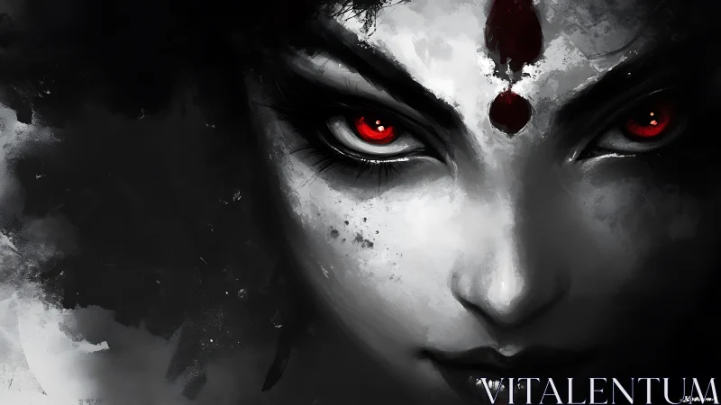 Monochrome demonic portrait emphasizes red spectral gaze