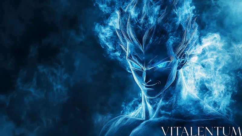 Blue-flame warrior grins within storming spectral energy.