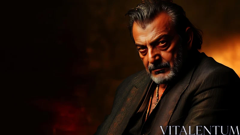 Older man in dark suit against moody warm background.