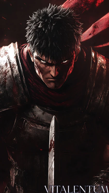 Brooding armored warrior glares ahead in bloodlit shadow