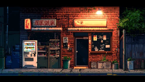 Nocturnal pixel streetscape with urban storefront microdetails.