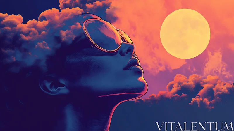 Silhouetted profile contemplates vivid neon clouds and moon