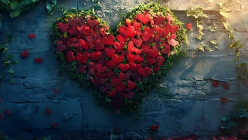 Heart-shaped arrangement of red petals on weathered blue surface.