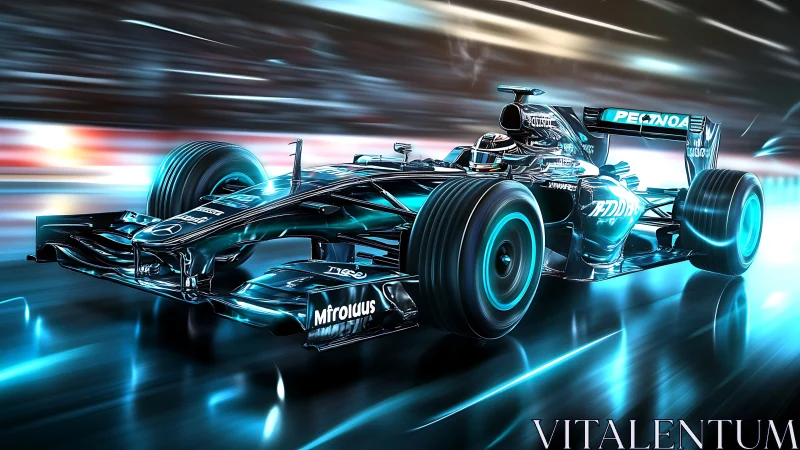 Futuristic Formula race car blasting through neon circuit.