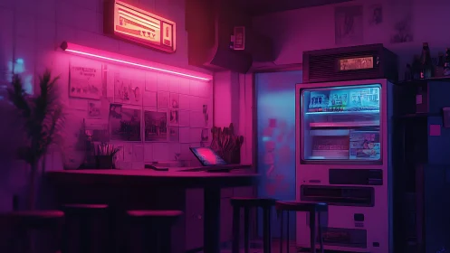 Neon vending corner glows softly in a moody cyber bar