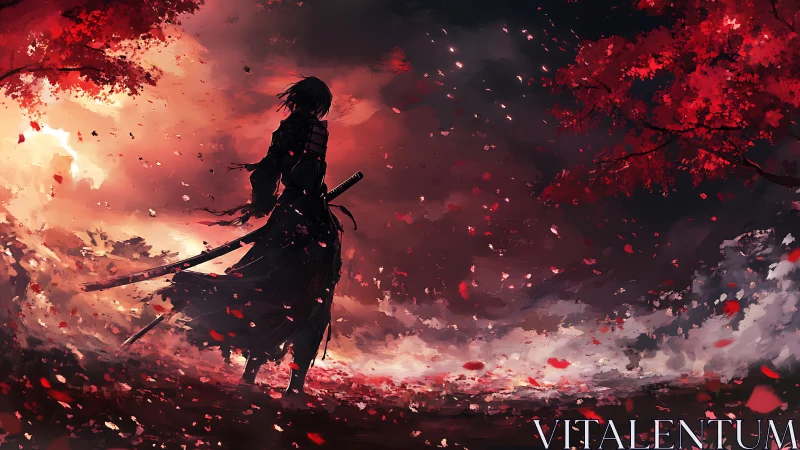 Lone samurai watches storm of red leaves at dusk.