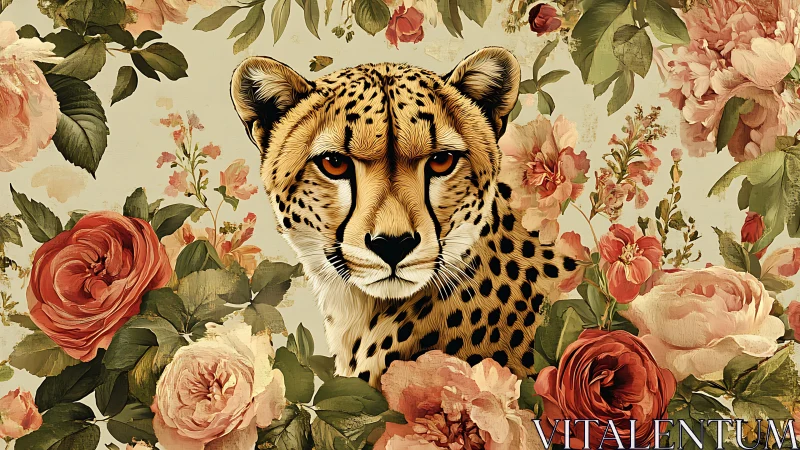 Cheetah gazes calmly from lush vintage floral garden backdrop.
