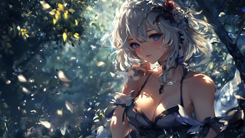 White haired anime girl in glowing forest clearing scene.