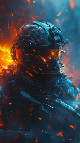 Armored futuristic soldier strides through rising inferno.