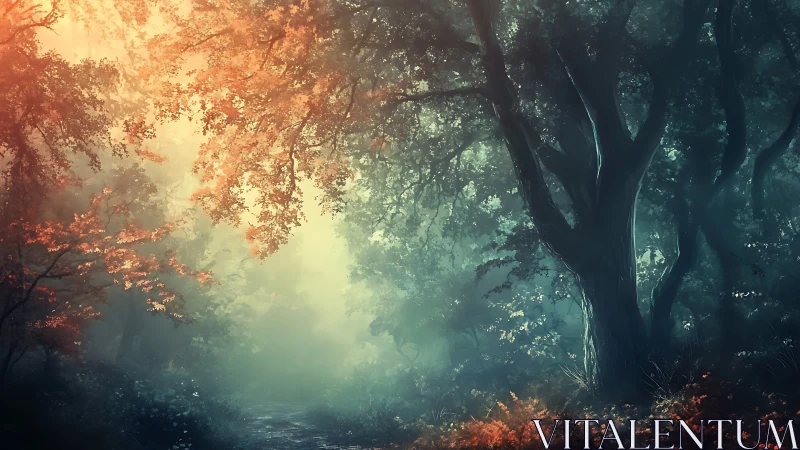 Luminous Forest Pathway with Autumn and Spring Seasonal Contrast.