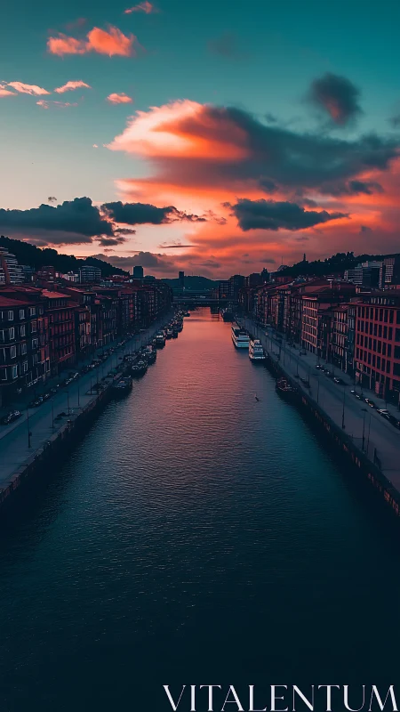 Twilight river canyon under flaming clouds and neon dusk glow.