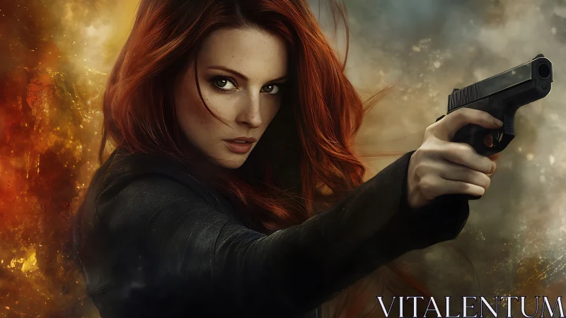 Red haired tactical agent aiming pistol amid fiery blast
