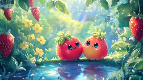Strawberry friends by a sparkling forest pond at sunrise.