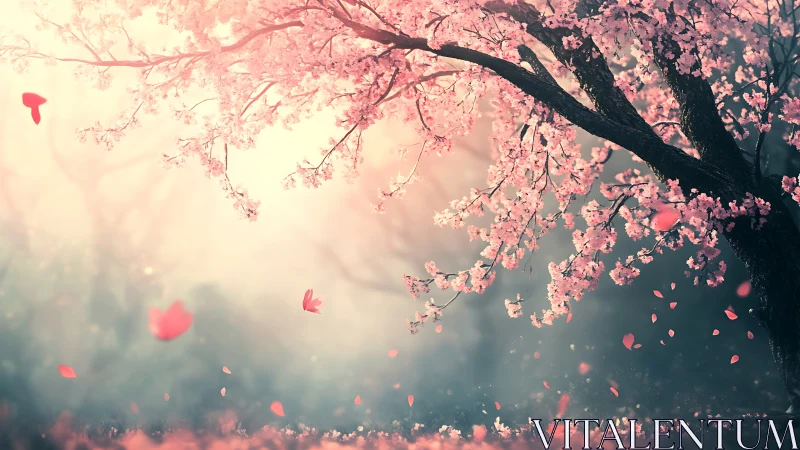 Soft spring morning under drifting cherry blossoms.