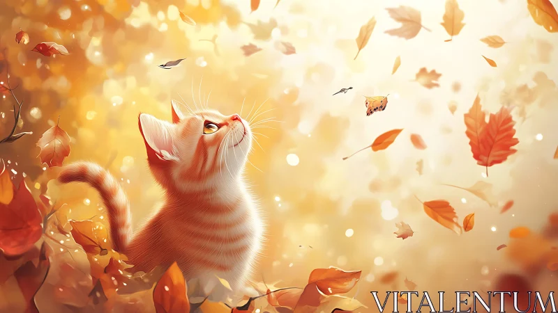Cat Observing Falling Autumn Leaves in Warm Light