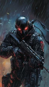 Shadow-clad cyber soldier with glowing eyes in the storm.