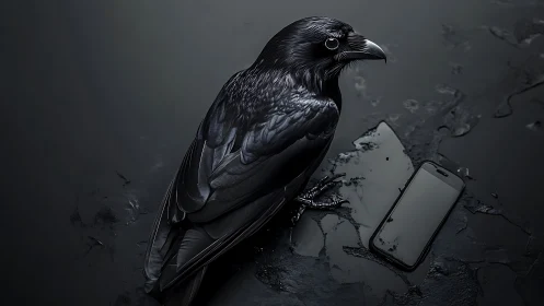 Corvid spectral gloss beside inert smartphone on wet substrate.