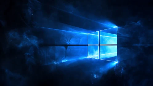 Glowing window-shaped light logo in dark nebulous space