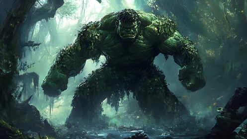 Moss covered jungle behemoth stalking through misty swamp.