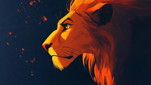 Profile illustration of lion head in warm orange tones.