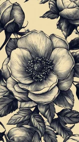 Botanical rose engraving with intricate monochrome linework.